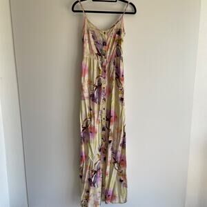 Womens Babydoll Maxi Floral Slip Dress Size S Lace Button Front Coastal Boho Y2k